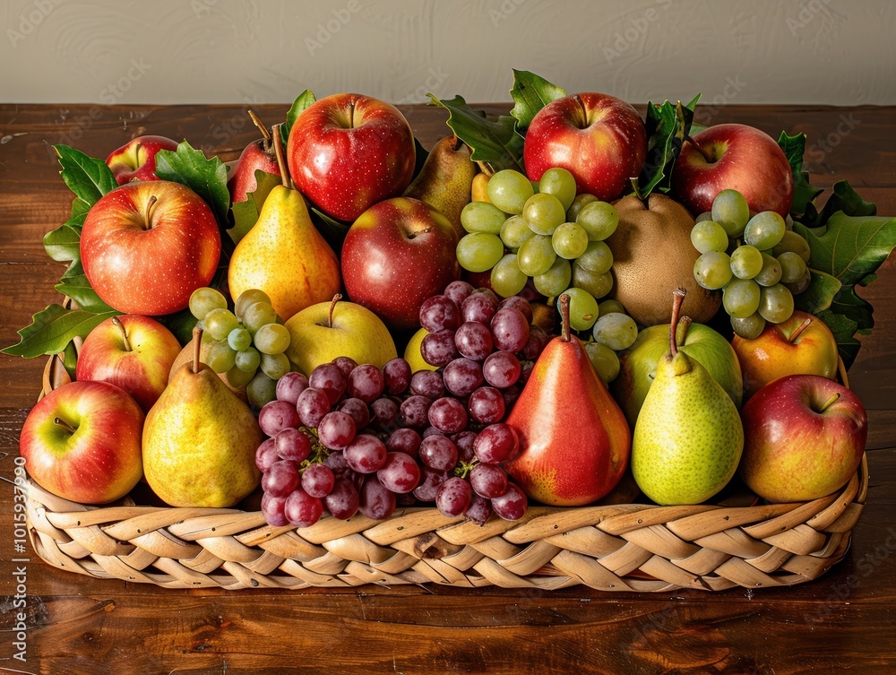 An artistic display of seasonal fruits like apples pears An artistic display of seasonal fruits like apples pears