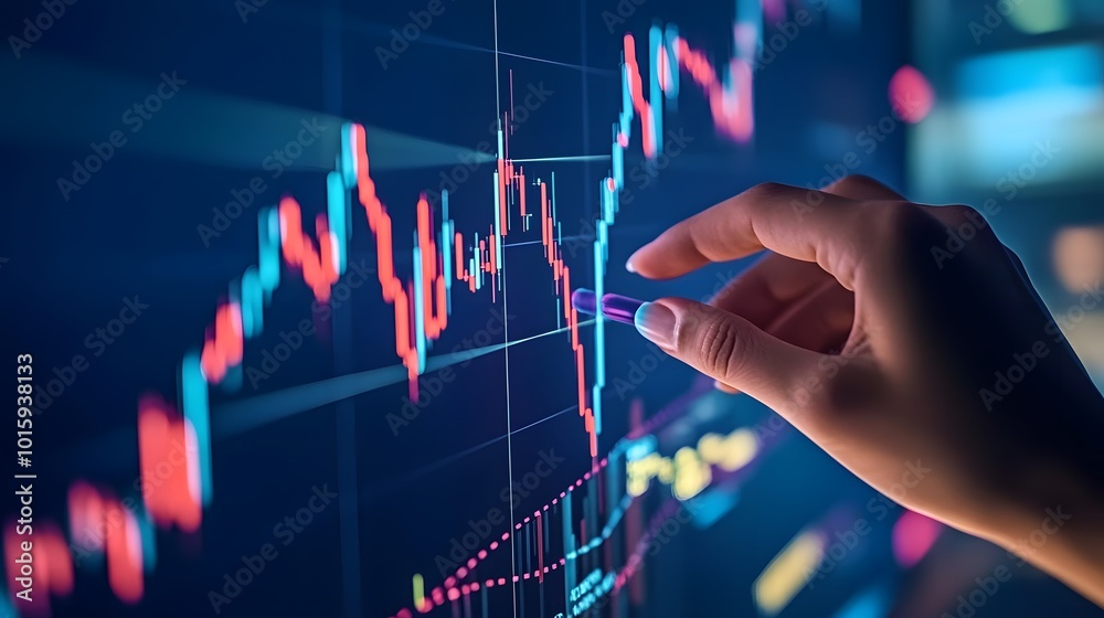Hand Analyzing Stock Market Data on Screen Hand Analyzing Stock Market Data on Screen