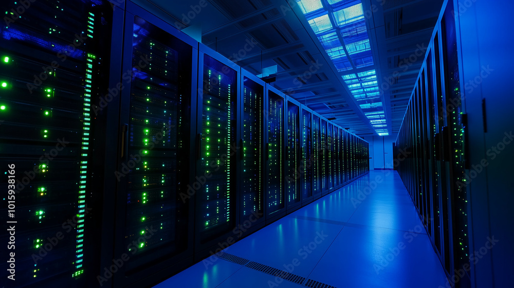 Streams of blue and green lights represent data flowing through towering racks of servers in a high-tech data center, with sleek metal walls reflecting the glow of digital activity