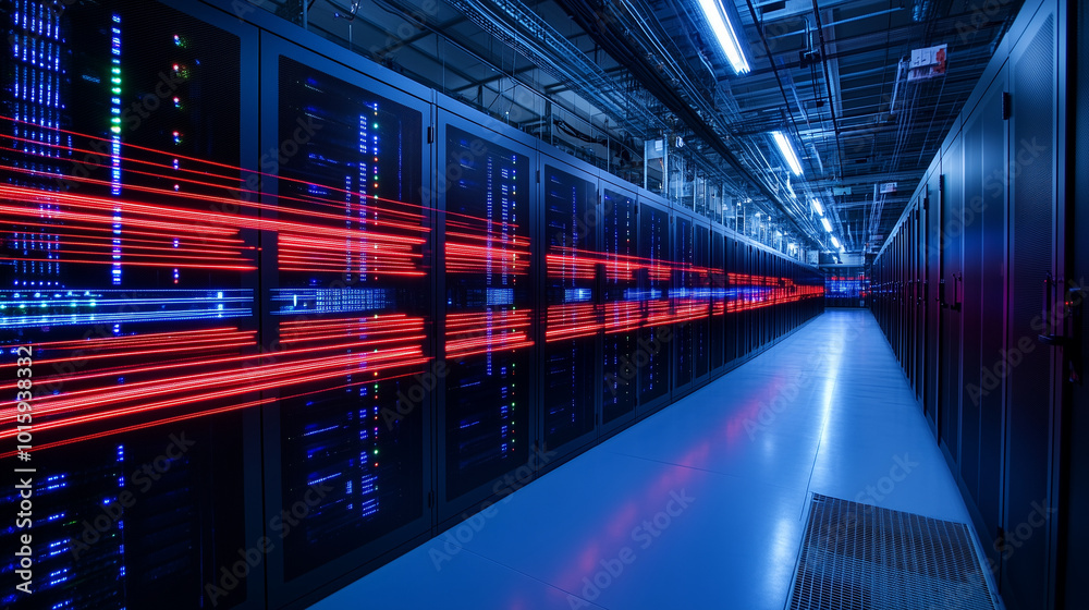 A data center with walls lined with tall, sleek server racks, where beams of light represent the flow of information through high-speed fiber-optic networks, creating a dynamic vis A data center with walls lined with tall, sleek server racks, where beams of light represent the flow of information through high-speed fiber-optic networks, creating a dynamic vis