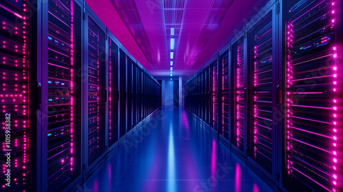 Wallpaper Mural A bright, neon-lit data center with cables glowing beneath a transparent floor, showing information traveling between interconnected server racks, each one housing massive storage Torontodigital.ca