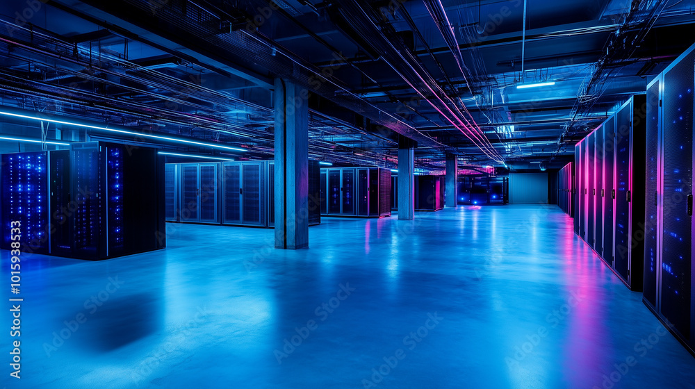 A vast server farm bathed in cool blue lighting, where cables and fiber optics pulse with energy, representing the movement of data through the cloud infrastructure. A vast server farm bathed in cool blue lighting, where cables and fiber optics pulse with energy, representing the movement of data through the cloud infrastructure.