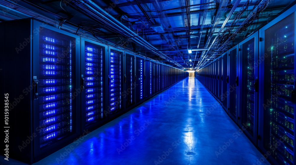 A vast server farm bathed in cool blue lighting, where cables and fiber optics pulse with energy, representing the movement of data through the cloud infrastructure. A vast server farm bathed in cool blue lighting, where cables and fiber optics pulse with energy, representing the movement of data through the cloud infrastructure.