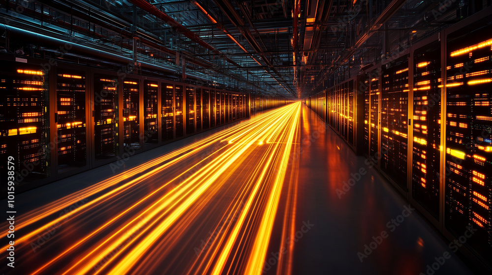 Data packets visualized as beams of light zoom through a vast room filled with rows of servers and hardware, highlighting the efficiency of modern internet infrastructure. Data packets visualized as beams of light zoom through a vast room filled with rows of servers and hardware, highlighting the efficiency of modern internet infrastructure.