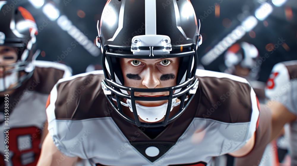 A cinematic still of an American football team walking out onto the field