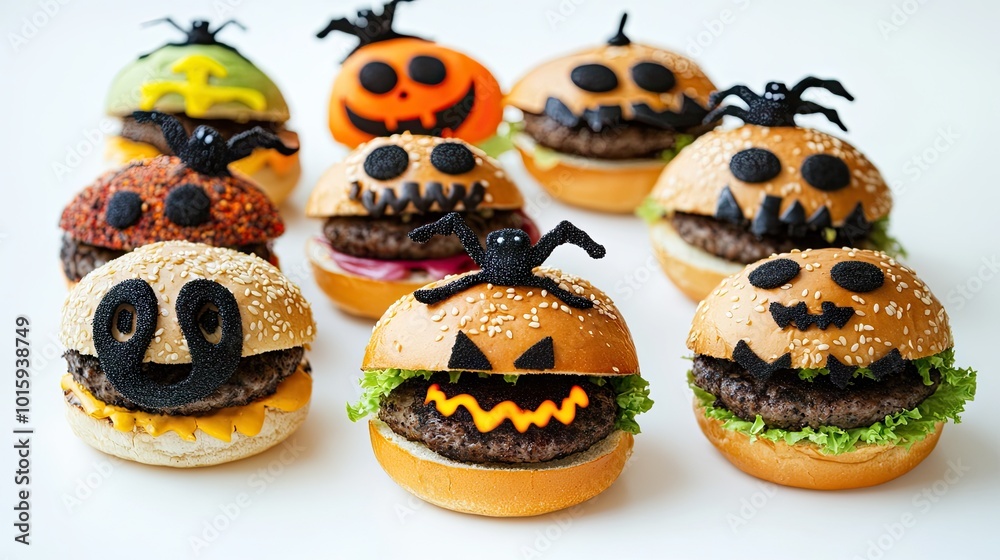 Obraz premium Fun Halloween burgers decorated with spooky designs on a white background, great for food advertisements or holiday party planning.