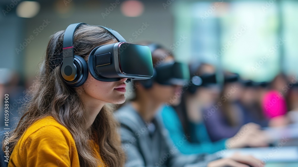 Young Woman Wearing VR Headset in a Classroom Young Woman Wearing VR Headset in a Classroom