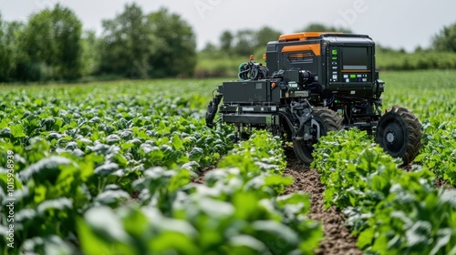 Agricultural Robot in Field Working on Crops