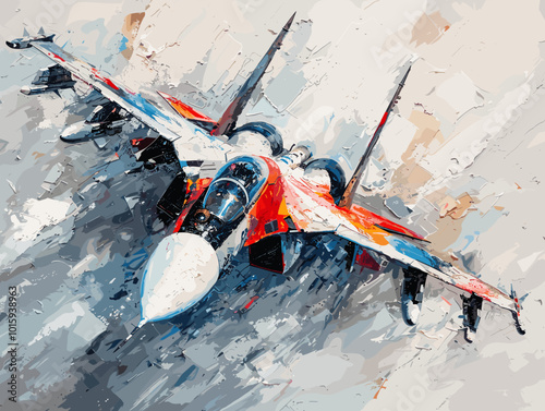 A fighter jet is painted in a very detailed and realistic manner. Concept of power and strength, as the jet is the main focus of the painting. The use of bold colors
