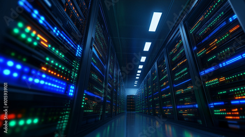 A high-tech room filled with towering server racks, with glowing blue and green lines representing data traveling between cloud systems, creating a visual of connectivity and speed