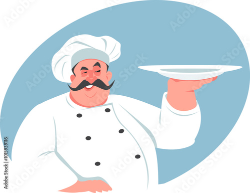 chef is holding a plate on his hand.