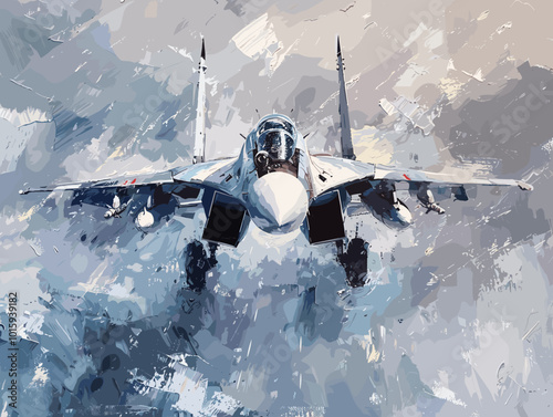 A fighter jet is painted in a very detailed and realistic manner. Concept of power and strength, as the jet is the main focus of the painting. The use of bold colors