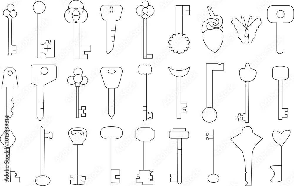 Antique key icon set for logo and T-shirt design. Thin line art editable stroke. Antique key icon set for logo and T-shirt design. Thin line art editable stroke.