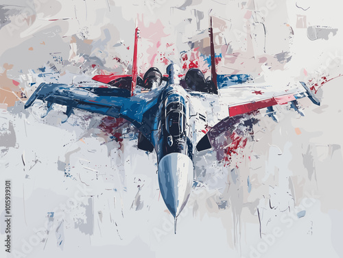 A fighter jet is painted in a very detailed and realistic manner. Concept of power and strength, as the jet is the main focus of the painting. The use of bold colors