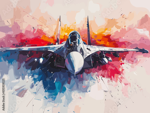 A fighter jet is painted in a very detailed and realistic manner. Concept of power and strength, as the jet is the main focus of the painting. The use of bold colors