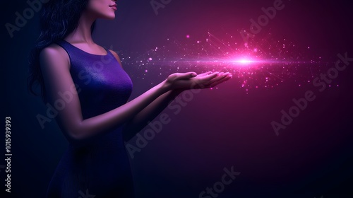 Woman Holding Pink Light Particles in Her Hands