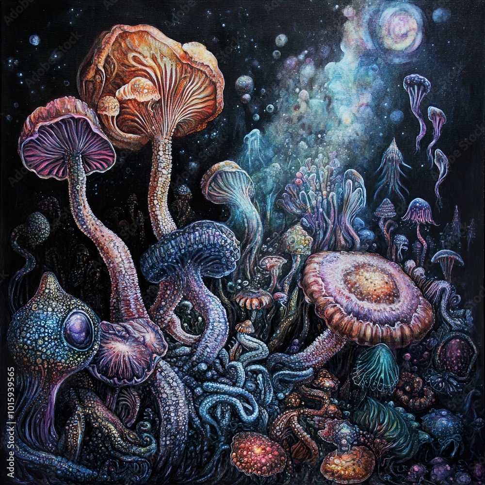 Glowing Mushrooms in a Cosmic Forest: Psychedelic Art Glowing Mushrooms in a Cosmic Forest: Psychedelic Art