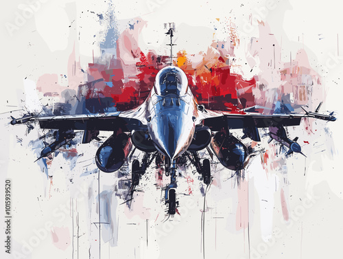 A fighter jet is painted in a very detailed and realistic manner. Concept of power and strength, as the jet is the main focus of the painting. The use of bold colors