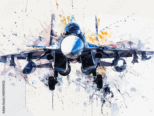 A fighter jet is painted in a very detailed and realistic manner. Concept of power and strength, as the jet is the main focus of the painting. The use of bold colors
