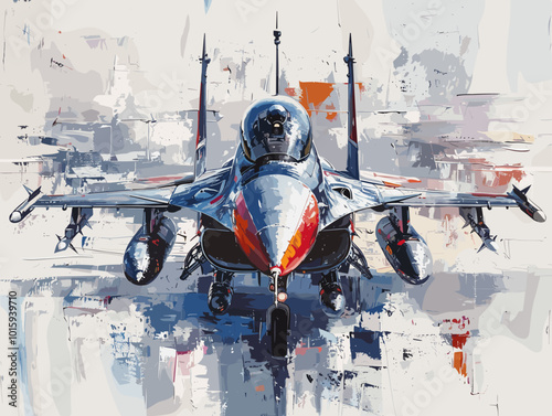 A fighter jet is painted in a very detailed and realistic manner. Concept of power and strength, as the jet is the main focus of the painting. The use of bold colors