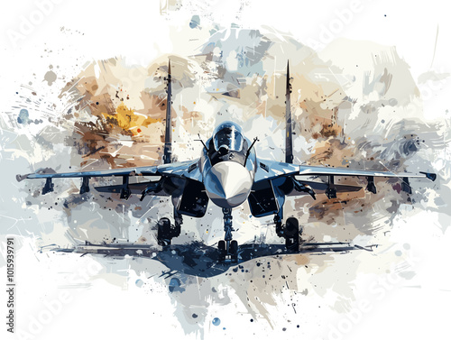 A fighter jet is painted in a very detailed and realistic manner. Concept of power and strength, as the jet is the main focus of the painting. The use of bold colors