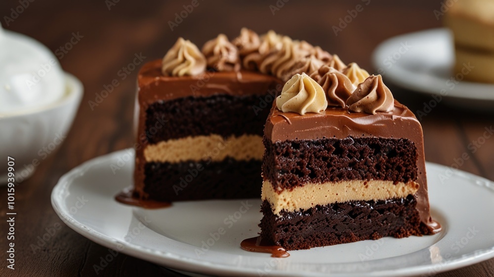 Decadent chocolate cake with layers of creamy frosting on a wooden table at a cozy dessert shop Decadent chocolate cake with layers of creamy frosting on a wooden table at a cozy dessert shop