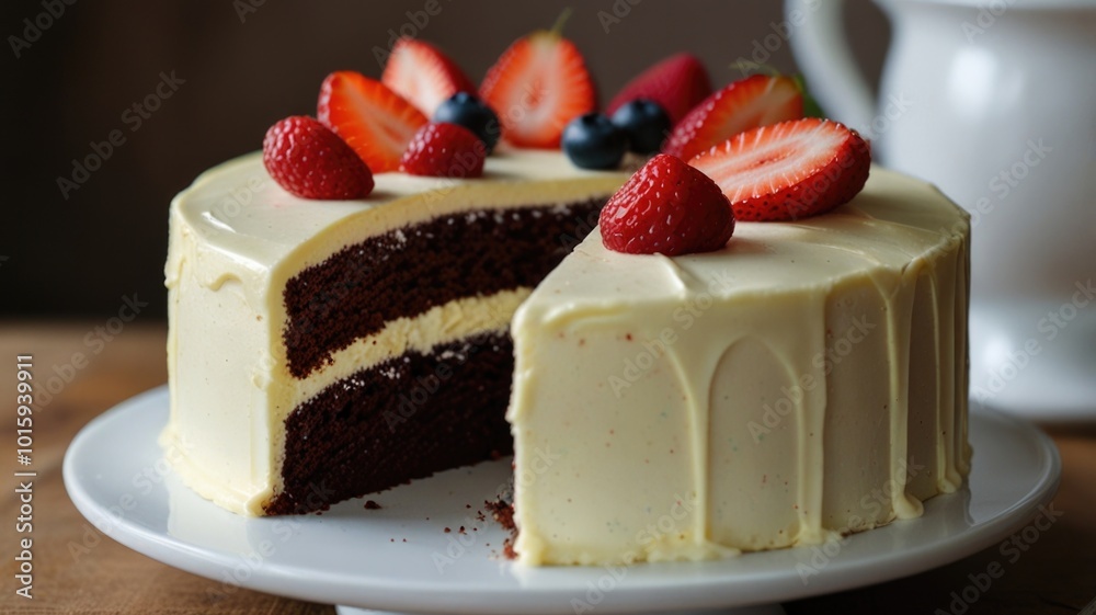 A beautifully decorated chocolate cake topped with fresh strawberries and blueberries served on a white plate in a cozy kitchen setting A beautifully decorated chocolate cake topped with fresh strawberries and blueberries served on a white plate in a cozy kitchen setting
