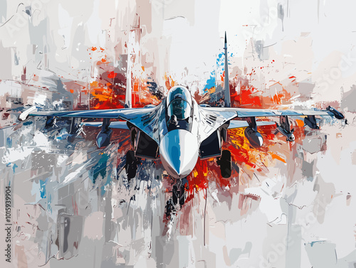 A fighter jet is painted in a very detailed and realistic manner. Concept of power and strength, as the jet is the main focus of the painting. The use of bold colors