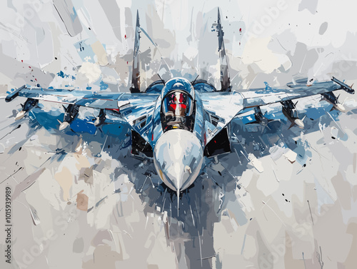 A fighter jet is painted in a very detailed and realistic manner. Concept of power and strength, as the jet is the main focus of the painting. The use of bold colors