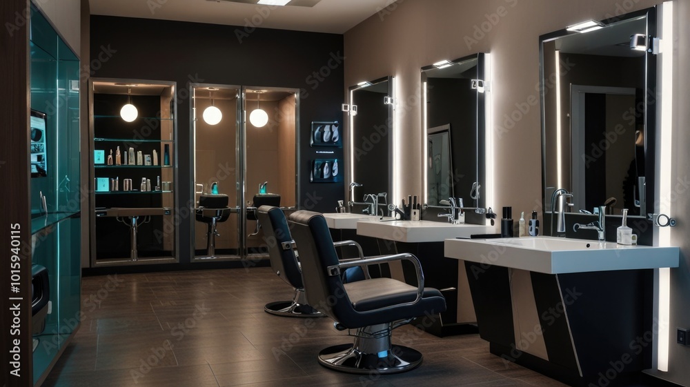 A modern hair salon interior featuring stylish chairs, bright lighting, and organized product displays A modern hair salon interior featuring stylish chairs, bright lighting, and organized product displays