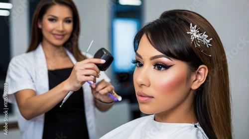 A makeup artist applies cosmetics to a client's face in a modern beauty salon during a makeover session