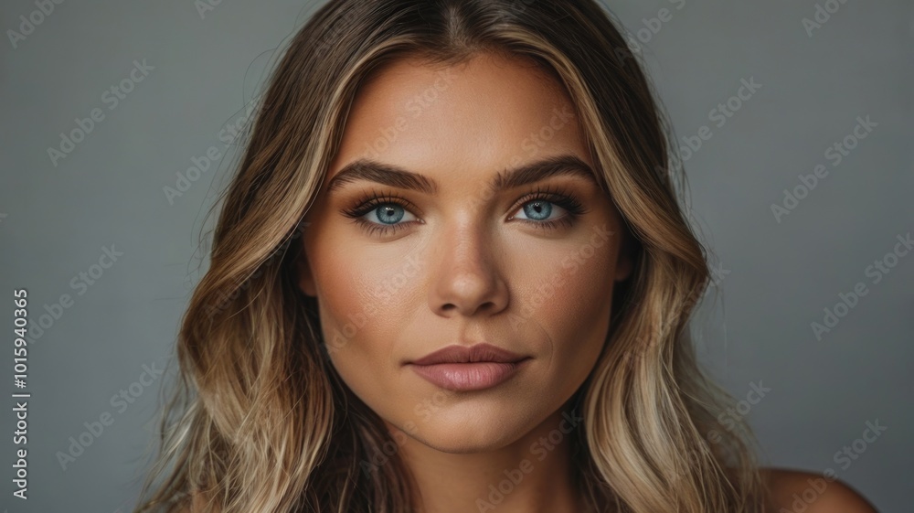 Close-up portrait of a woman with striking blue eyes and long wavy hair against a neutral background Close-up portrait of a woman with striking blue eyes and long wavy hair against a neutral background