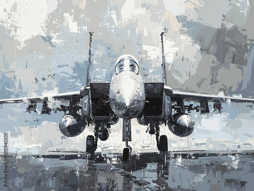 A fighter jet is painted in a very detailed and realistic manner. Concept of power and strength, as the jet is the main focus of the painting. The use of bold colors