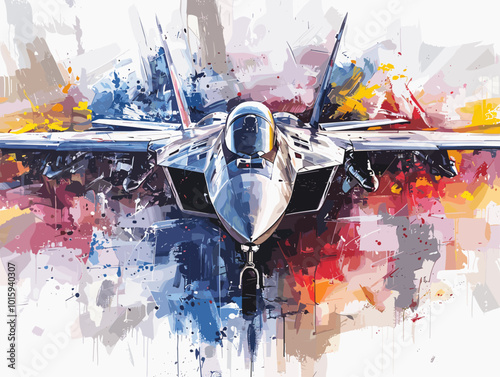 A fighter jet is painted in a very detailed and realistic manner. Concept of power and strength, as the jet is the main focus of the painting. The use of bold colors