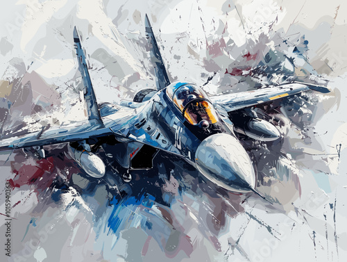 A fighter jet is painted in a very detailed and realistic manner. Concept of power and strength, as the jet is the main focus of the painting. The use of bold colors