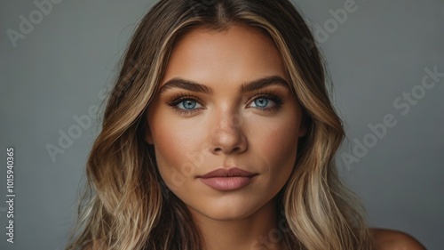 Close-up portrait of a woman with striking blue eyes and long wavy hair against a neutral background