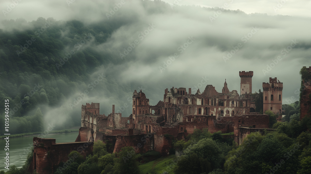 Heidelberg Castle, the ruins of an old castle standing majestically on a green hill with a view of the Neckar River below, a thin mist covers the hill in the morning, Ai generated images Heidelberg Castle, the ruins of an old castle standing majestically on a green hill with a view of the Neckar River below, a thin mist covers the hill in the morning, Ai generated images