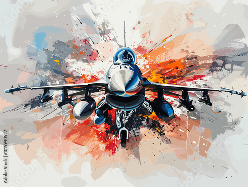 A fighter jet is painted in a very detailed and realistic manner. Concept of power and strength, as the jet is the main focus of the painting. The use of bold colors