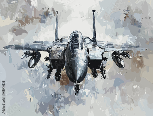 A fighter jet is painted in a very detailed and realistic manner. Concept of power and strength, as the jet is the main focus of the painting. The use of bold colors