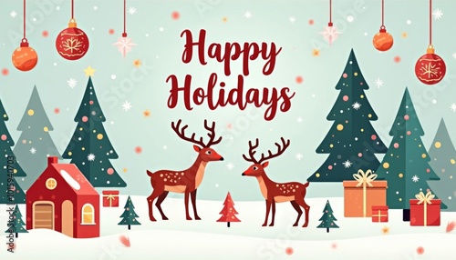 New Year card with deer and fir trees wishing happy holidays, ai generated, ai