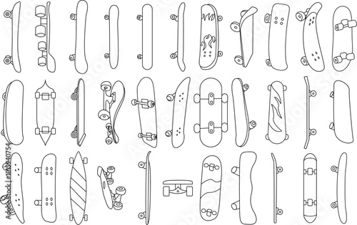Skateboard icon set for T-Shirt design. Thin line art editable stroke.