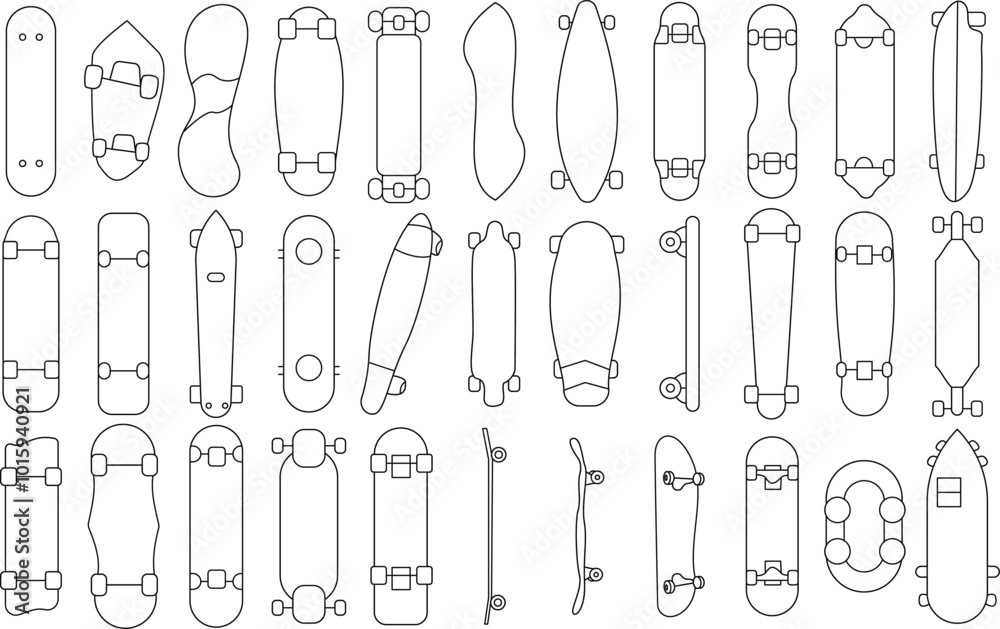 Skateboard icon set for T-Shirt design. Thin line art editable stroke. Skateboard icon set for T-Shirt design. Thin line art editable stroke.