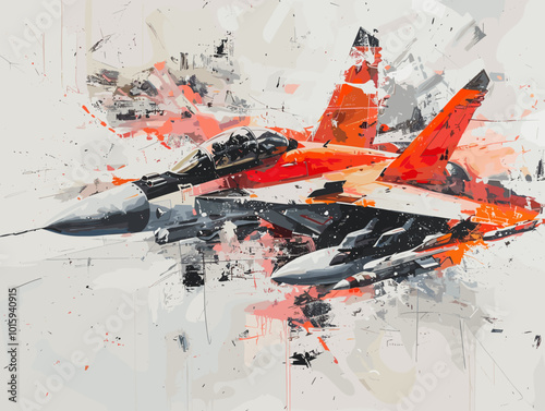 A fighter jet is painted in a very detailed and realistic manner. Concept of power and strength, as the jet is the main focus of the painting. The use of bold colors