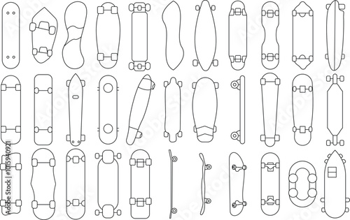 Skateboard icon set for T-Shirt design. Thin line art editable stroke.