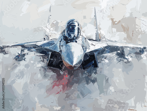 A fighter jet is painted in a very detailed and realistic manner. Concept of power and strength, as the jet is the main focus of the painting. The use of bold colors