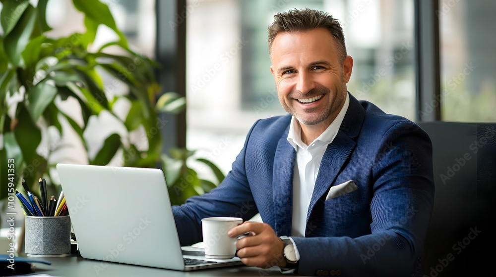 Smiling businessman with a laptop, coffee, and a pen holder on his desk. Smiling businessman with a laptop, coffee, and a pen holder on his desk.