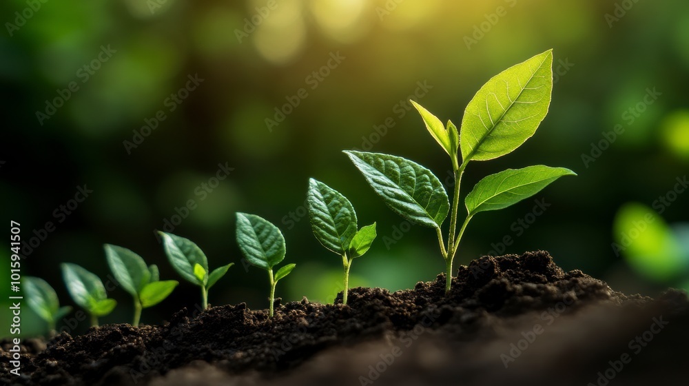 Growing plants in soil with sunlight, nature's beauty captured. Growing plants in soil with sunlight, nature's beauty captured.