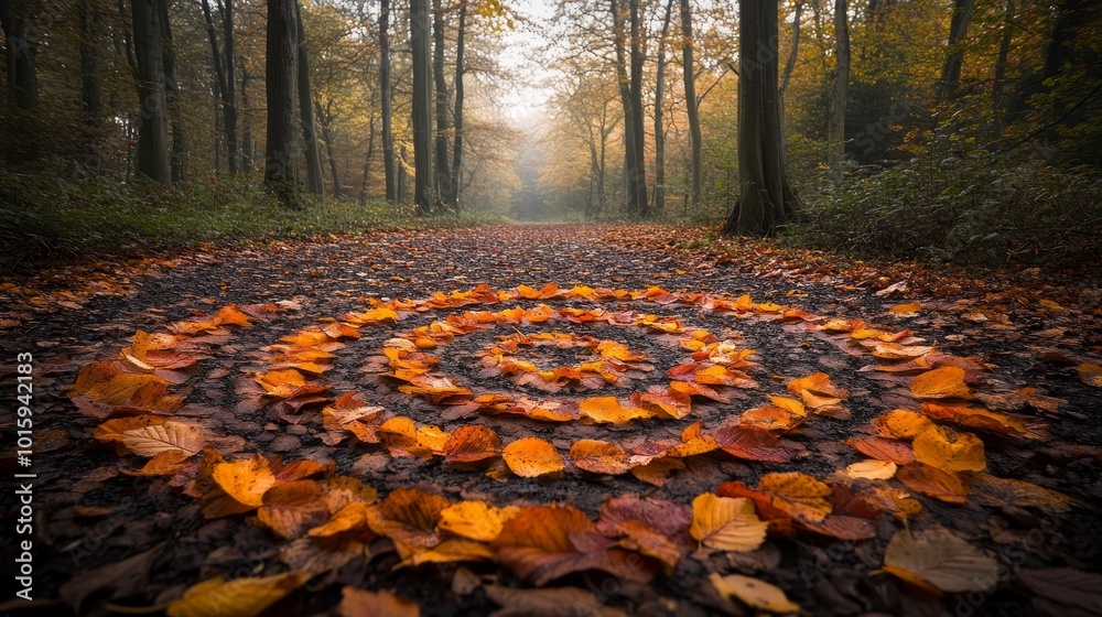 A delicate spiral of fallen leaves in various autumn hues, perfectly arranged in a circle amidst the tranquil forest landscape, soft light filtering through trees A delicate spiral of fallen leaves in various autumn hues, perfectly arranged in a circle amidst the tranquil forest landscape, soft light filtering through trees
