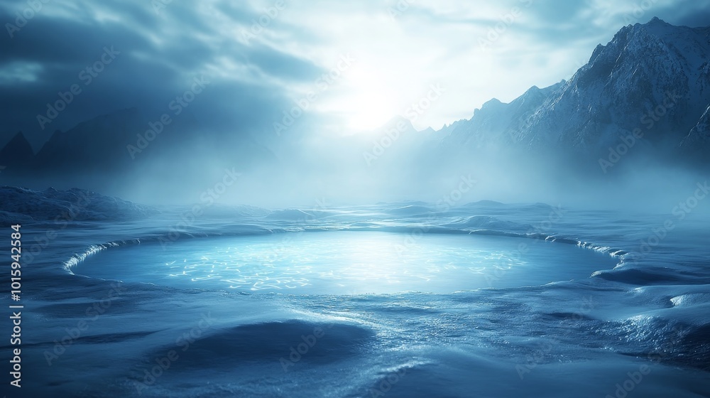 A fantasy-inspired frozen lake at the center of an ancient, snow-covered mountain ring, with glowing runes on the icy surface and a soft mist swirling A fantasy-inspired frozen lake at the center of an ancient, snow-covered mountain ring, with glowing runes on the icy surface and a soft mist swirling