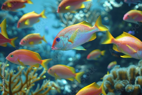 underwater ecosystem with a variety of brightly colored fish and coral formations. The serene aquatic environment invites exploration and admiration of marine life.